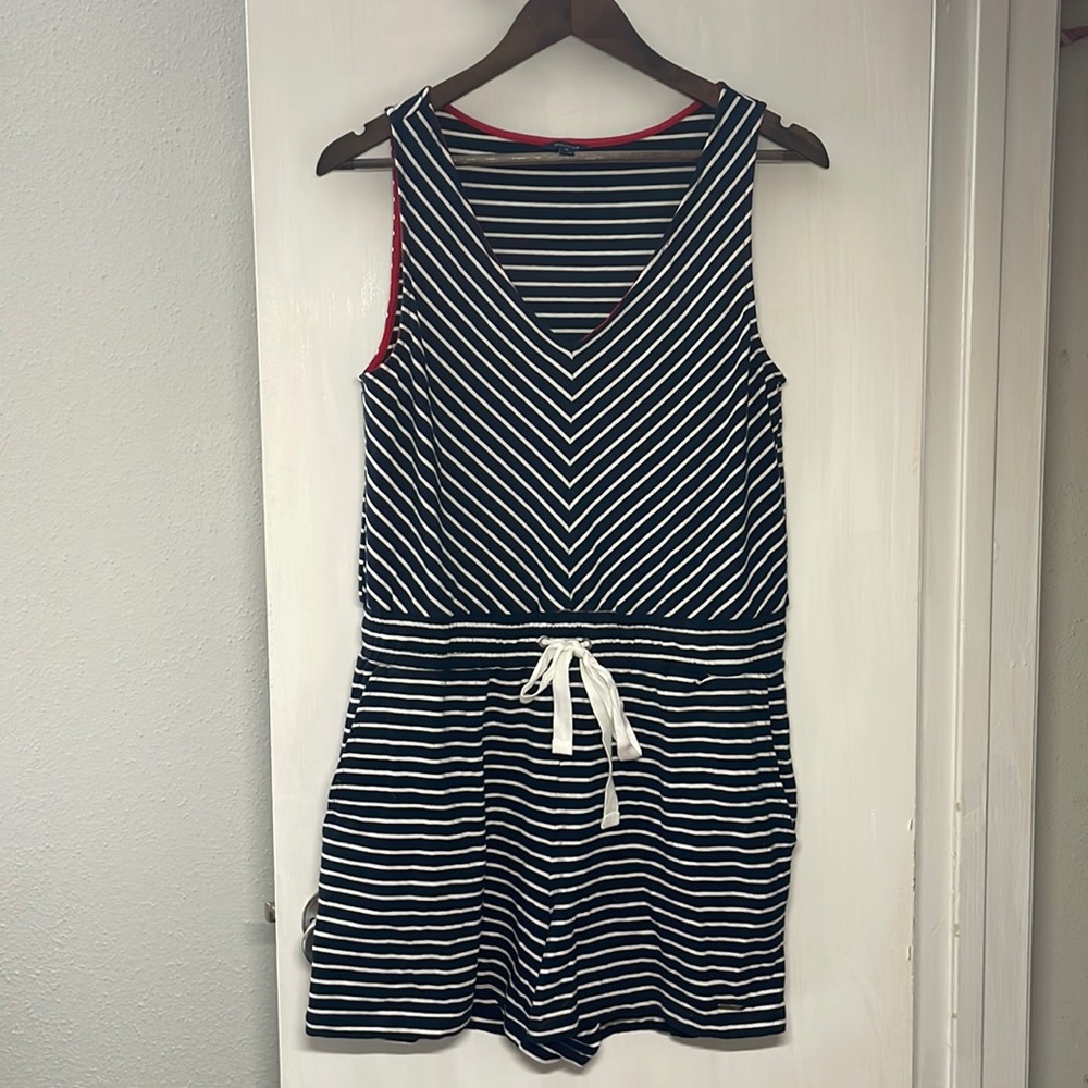 Nautica Navy and White Striped Sleeveless Romper with Red Trim